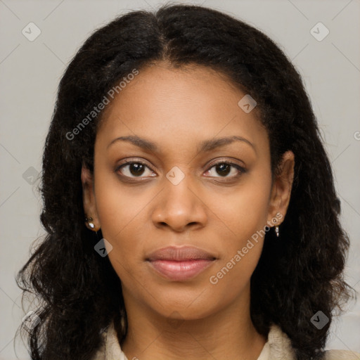 Joyful black young-adult female with medium  brown hair and brown eyes