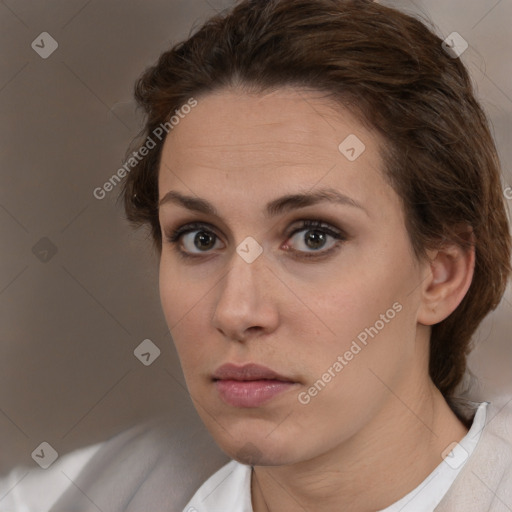 Neutral white young-adult female with medium  brown hair and brown eyes