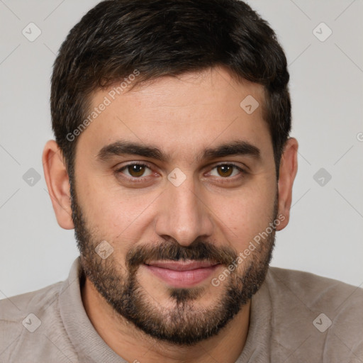 Joyful white young-adult male with short  brown hair and brown eyes