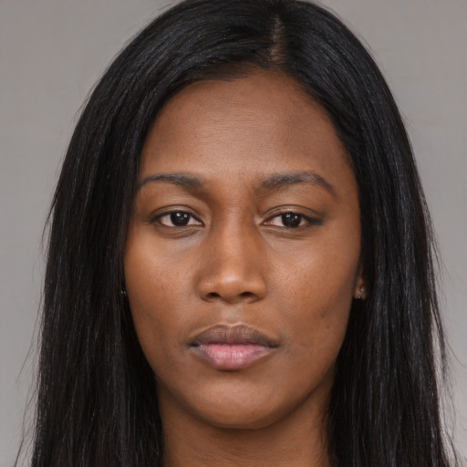 Neutral asian young-adult female with long  black hair and brown eyes