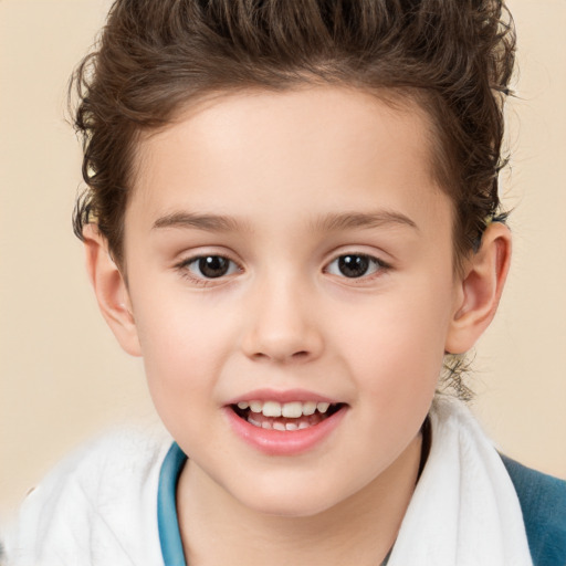 Joyful white child female with short  brown hair and brown eyes