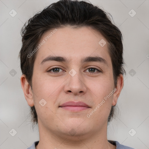 Joyful white young-adult male with medium  brown hair and brown eyes