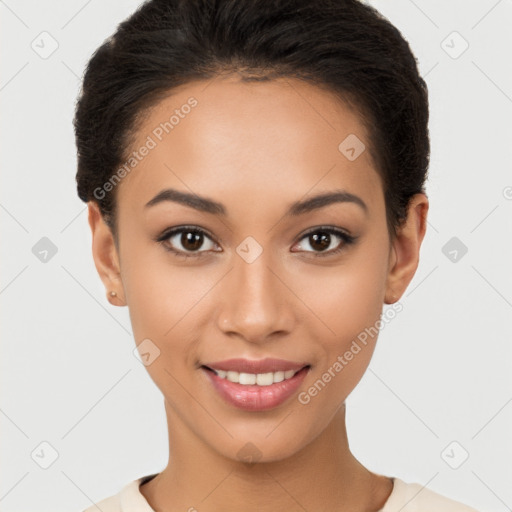 Joyful latino young-adult female with short  brown hair and brown eyes