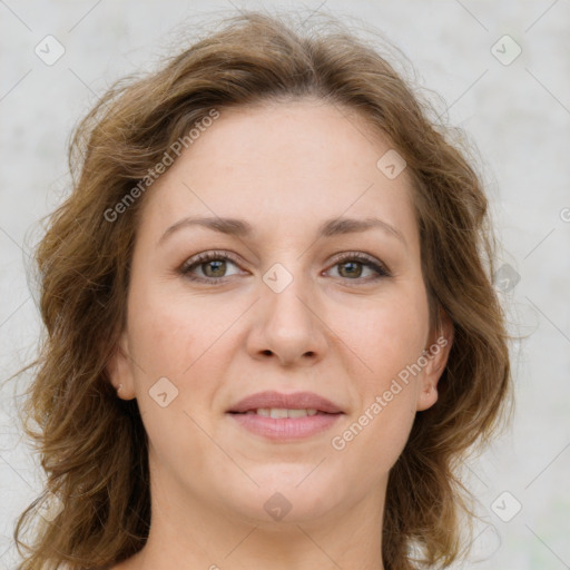 Joyful white young-adult female with medium  brown hair and green eyes