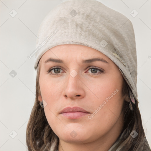 Neutral white young-adult female with medium  brown hair and grey eyes