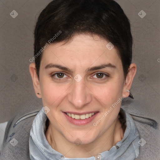 Joyful white young-adult female with short  brown hair and brown eyes