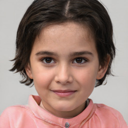 Joyful white child female with medium  brown hair and brown eyes