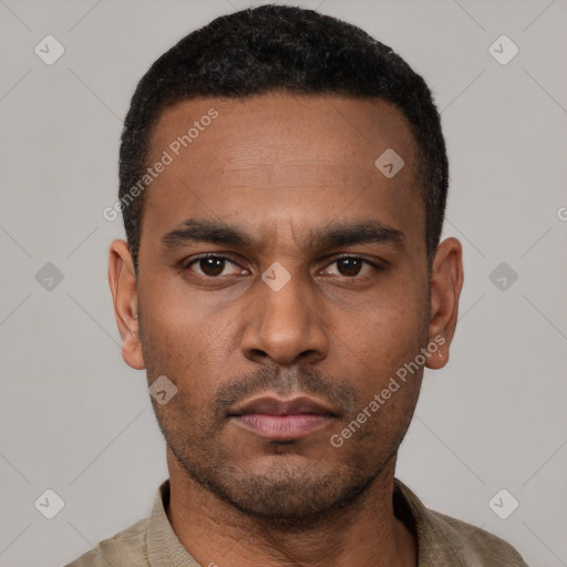 Neutral latino young-adult male with short  black hair and brown eyes