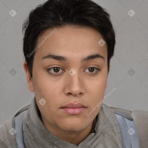 Neutral asian young-adult female with short  brown hair and brown eyes