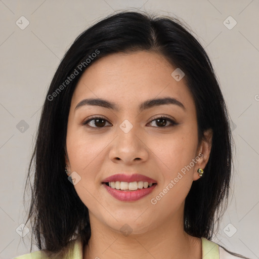 Joyful asian young-adult female with medium  black hair and brown eyes