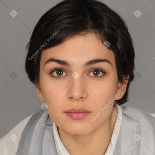 Neutral white young-adult female with medium  brown hair and brown eyes