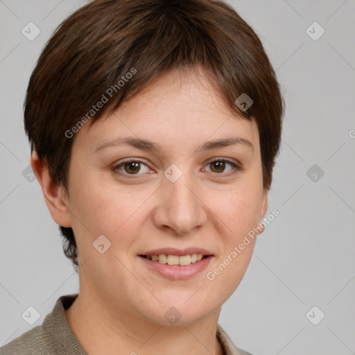 Joyful white young-adult female with short  brown hair and grey eyes