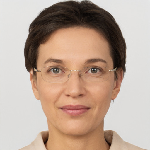 Joyful white adult female with short  brown hair and grey eyes