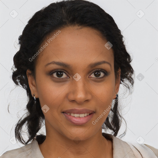 Joyful black young-adult female with medium  brown hair and brown eyes