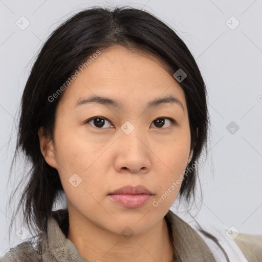 Neutral asian young-adult female with medium  brown hair and brown eyes