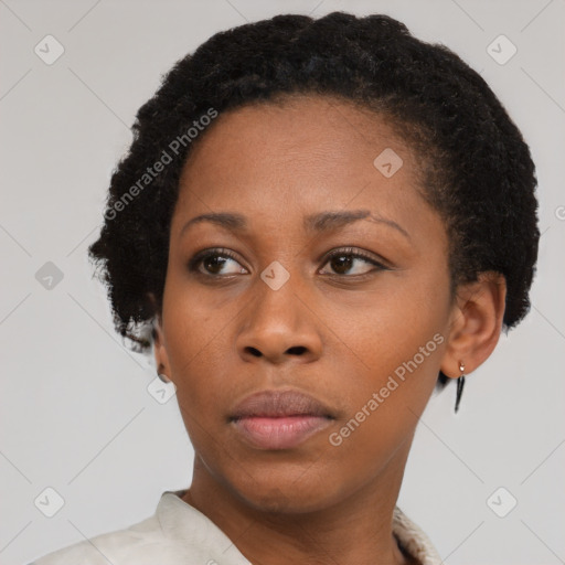 Neutral black young-adult female with short  black hair and brown eyes