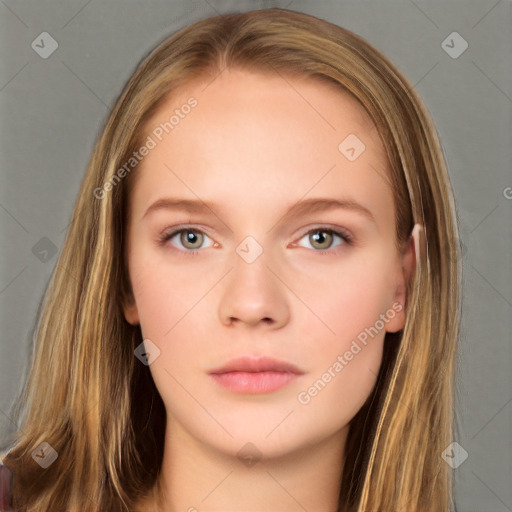 Neutral white young-adult female with long  brown hair and brown eyes