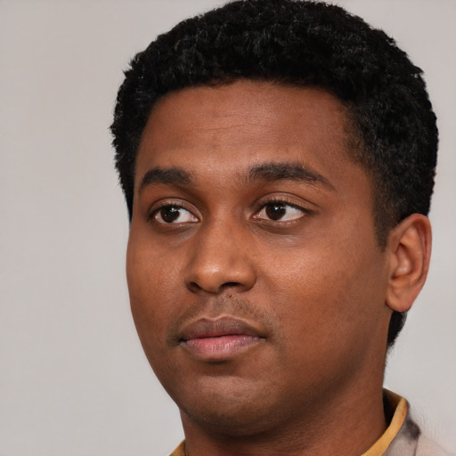 Neutral black young-adult male with short  black hair and brown eyes