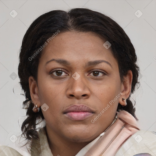 Joyful black young-adult female with medium  brown hair and brown eyes