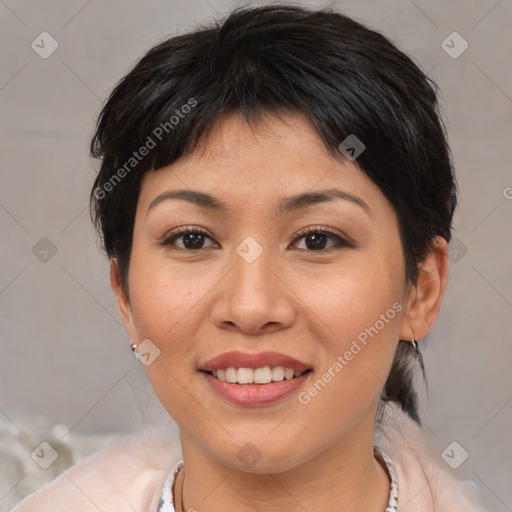 Joyful white young-adult female with medium  brown hair and brown eyes