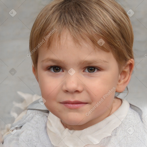 Joyful white child female with short  brown hair and brown eyes