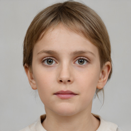 Neutral white child female with medium  brown hair and grey eyes