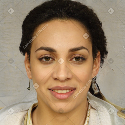 Joyful latino young-adult female with short  brown hair and brown eyes
