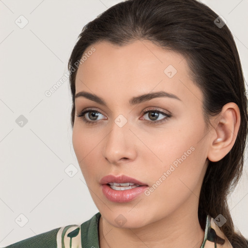 Neutral white young-adult female with medium  brown hair and brown eyes