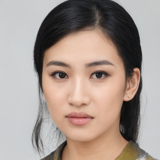 Neutral asian young-adult female with medium  black hair and brown eyes