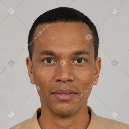 Neutral black young-adult male with short  black hair and brown eyes