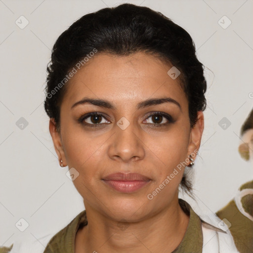 Joyful latino young-adult female with medium  brown hair and brown eyes