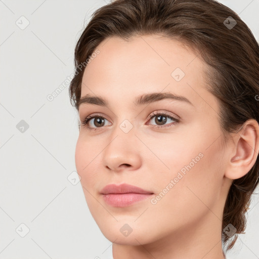 Neutral white young-adult female with medium  brown hair and brown eyes