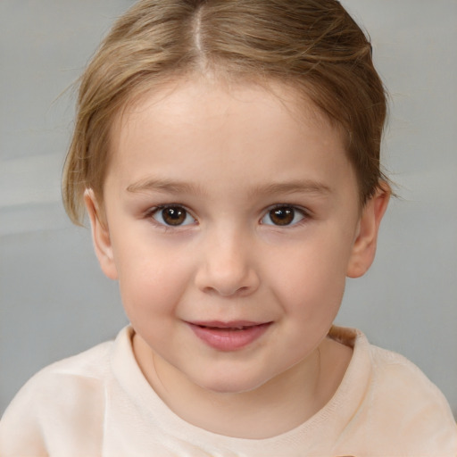 Joyful white child female with short  brown hair and brown eyes