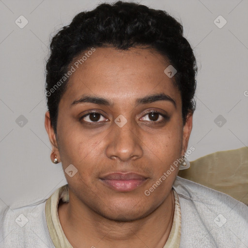 Neutral black young-adult female with short  black hair and brown eyes