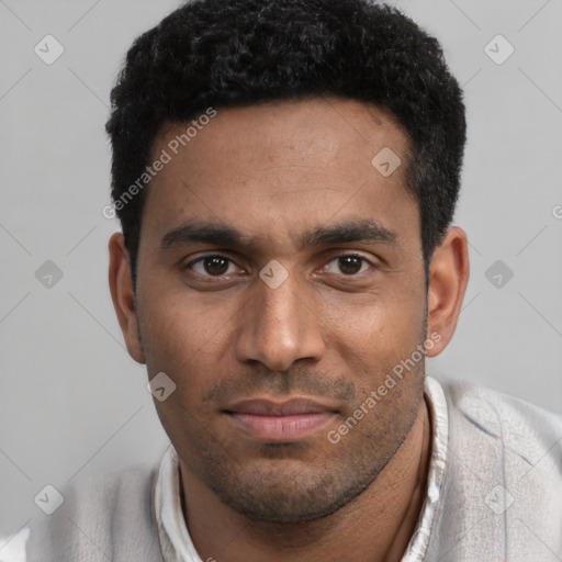 Neutral white young-adult male with short  black hair and brown eyes