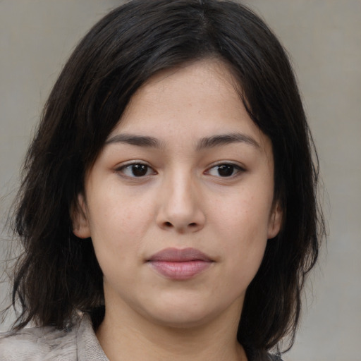 Neutral asian young-adult female with medium  black hair and brown eyes