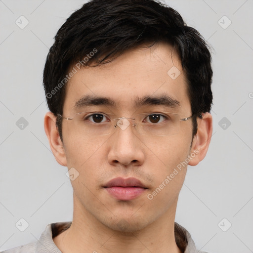 Neutral asian young-adult male with short  black hair and brown eyes