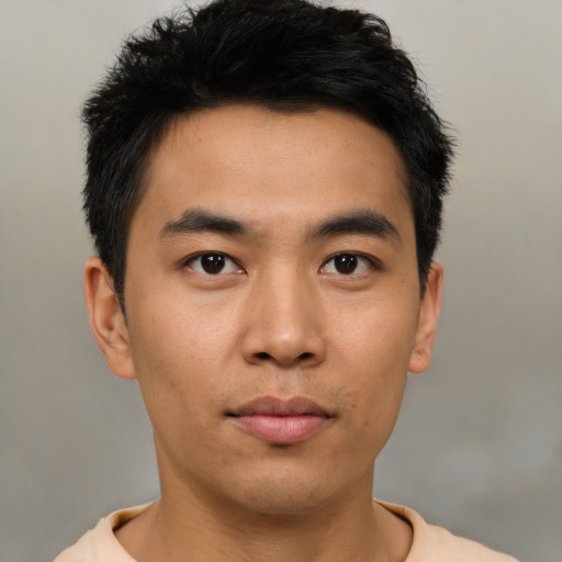 Neutral asian young-adult male with short  black hair and brown eyes