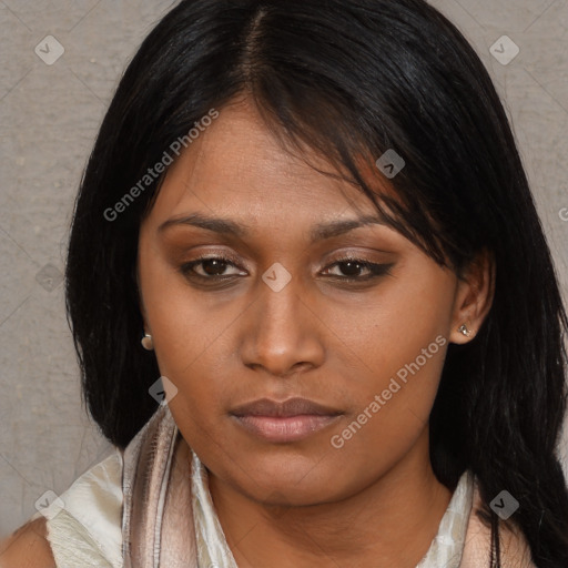 Neutral asian young-adult female with medium  black hair and brown eyes