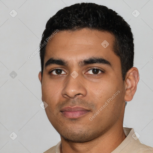 Neutral latino young-adult male with short  black hair and brown eyes