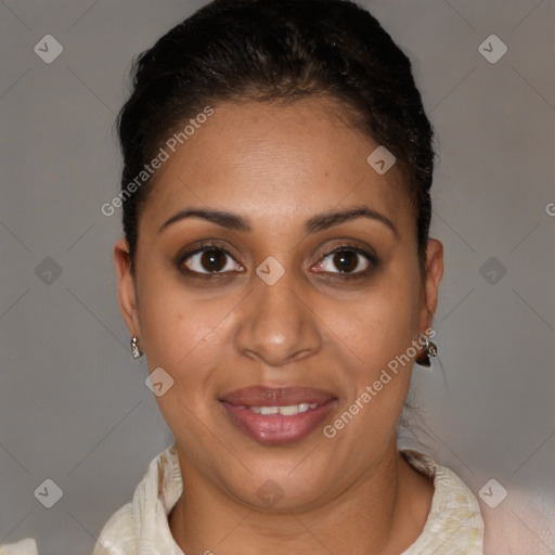 Joyful latino young-adult female with short  brown hair and brown eyes