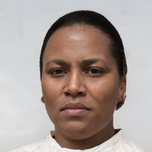 Neutral black young-adult female with short  black hair and brown eyes
