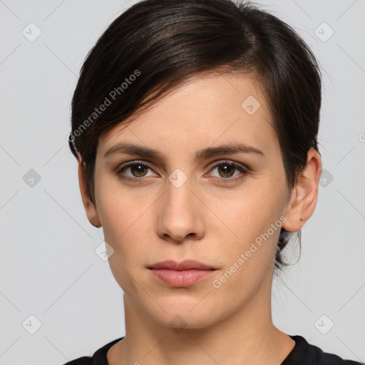 Neutral white young-adult female with medium  brown hair and brown eyes