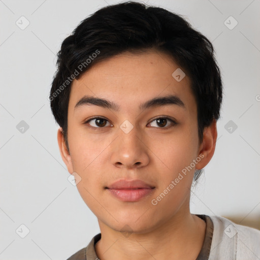 Neutral asian young-adult male with short  black hair and brown eyes