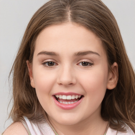 Joyful white child female with medium  brown hair and brown eyes