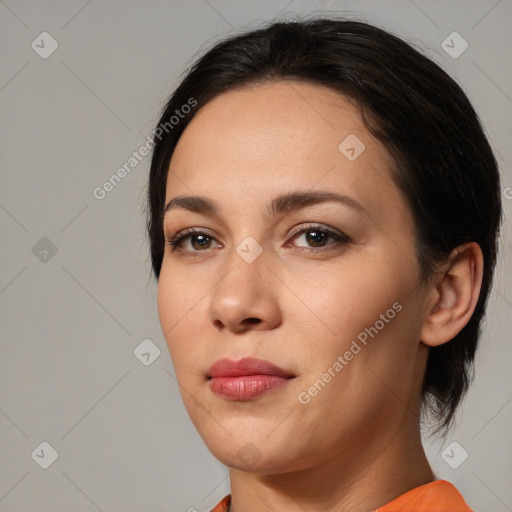 Neutral white young-adult female with medium  black hair and brown eyes