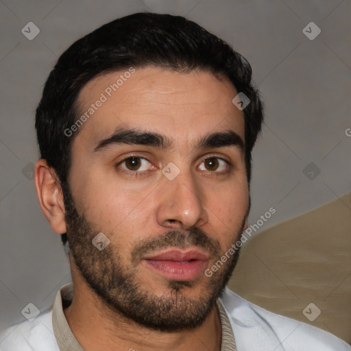 Neutral latino young-adult male with short  black hair and brown eyes