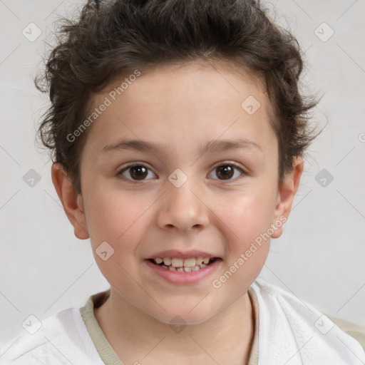 Joyful white child female with short  brown hair and brown eyes