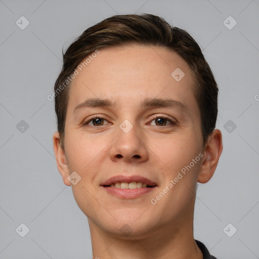 Joyful white young-adult male with short  brown hair and brown eyes