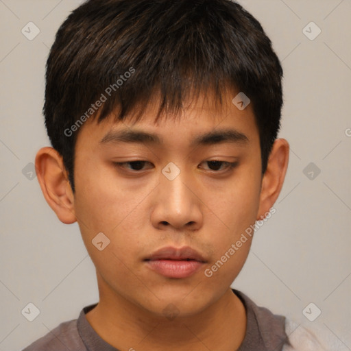 Neutral asian young-adult male with short  brown hair and brown eyes